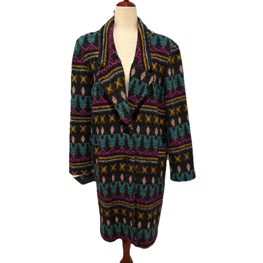 Vtg 80s Jonathan Stevens Aztec Multicolor Wool‎ Blend Coat Women Medium